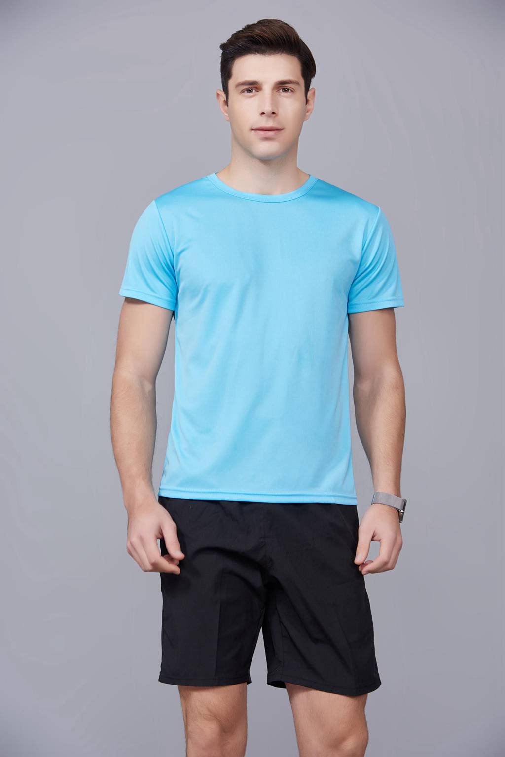 速干T恤 輕薄透氣男女情侶款圓領(lǐng)短袖速干T恤 天藍色