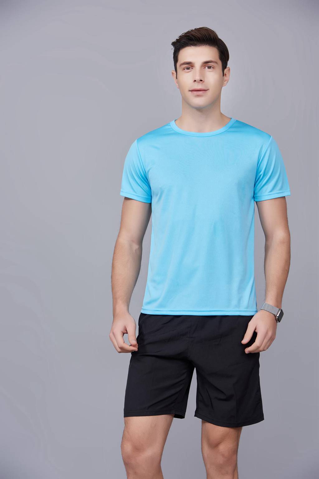 速干T恤 輕薄透氣男女情侶款圓領(lǐng)短袖速干T恤 天藍色